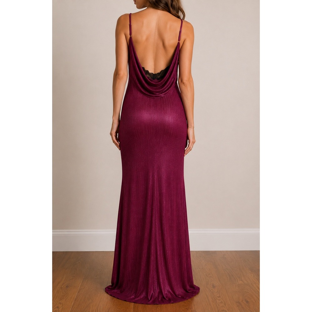 Y2K Metallic Open Cowl Back Maxi Dress Large Bias‎ Lace Evening Prom Fairy Glam